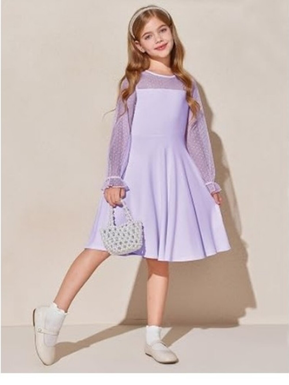 Girls Contrast Mesh Long Sleeve High Waist A Line Short Dress with Pocket Purple